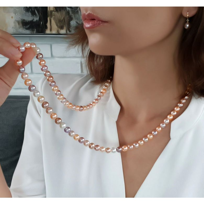 Collier perles multicolores - Perles de culture de Chine - 7.5/8mm  - 5