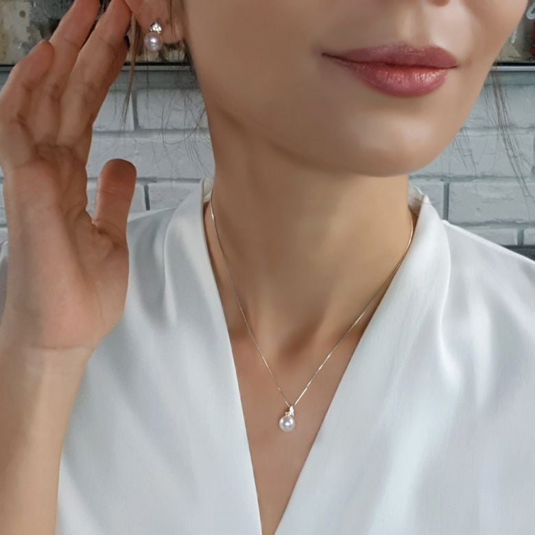 Boucles oreilles triangulaires. Perles Akoya Japon, Or blanc, Diamants - 10