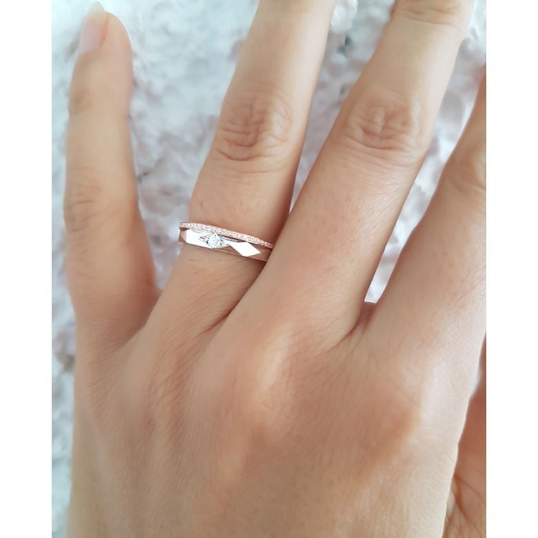 Alliance Femme 2 ors - Or blanc, rose - Diamants - Anneau à facettes - 3
