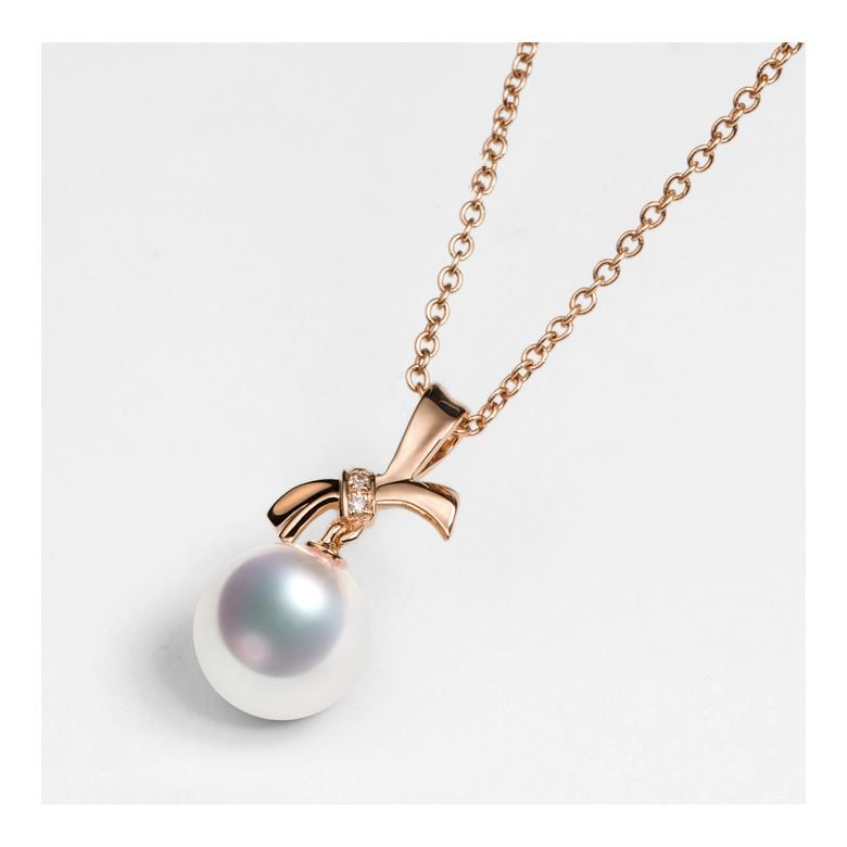 Pendentif Noeud avec ganse. Perle Akoya, Or rose, Diamants - 5