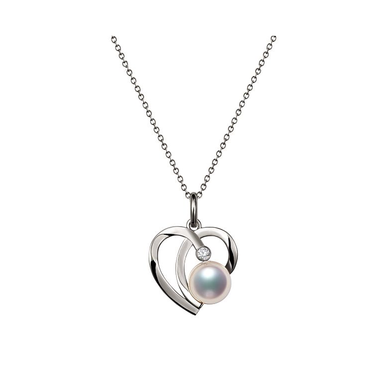 Pendentif Chiaki. Coeur moderne Or blanc. Perle Akoya, Diamant - 1