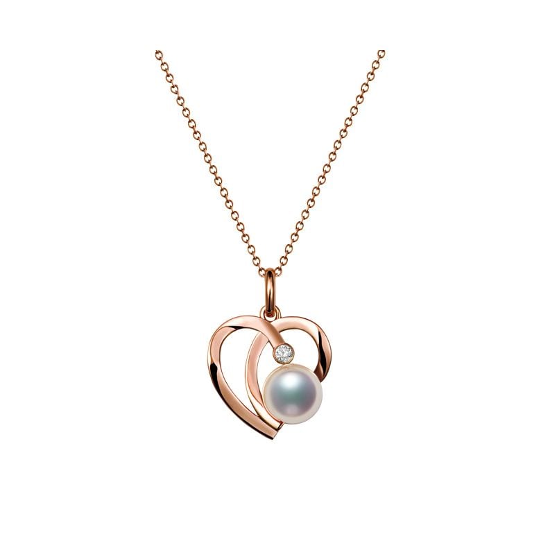 Pendentif Chiaky. Coeur moderne Or rose. Perle Akoya, Diamant - 1
