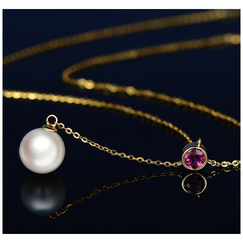 Collier pendentif perle Akoya. Chaîne Or jaune, Saphir rose - 11