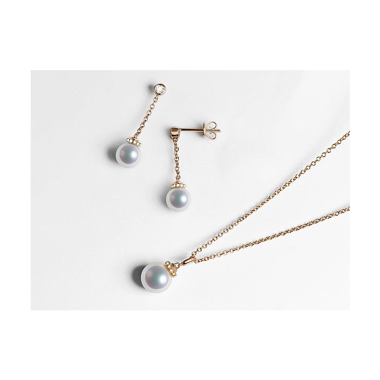 Pendentif et Boucles Style princesse. Perles Akoya, Or rose, diamants. - 3