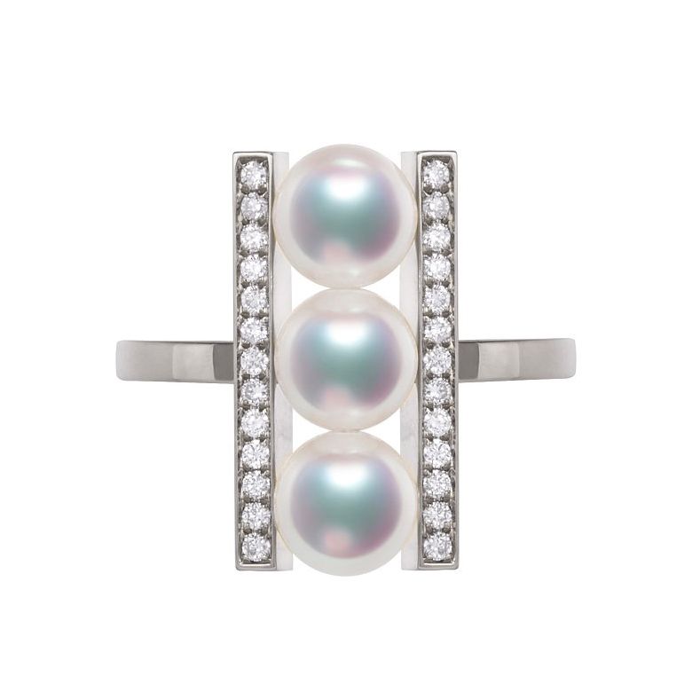 Bague 3 perles Akoya. Monture rail. Or blanc, Diamants - 1