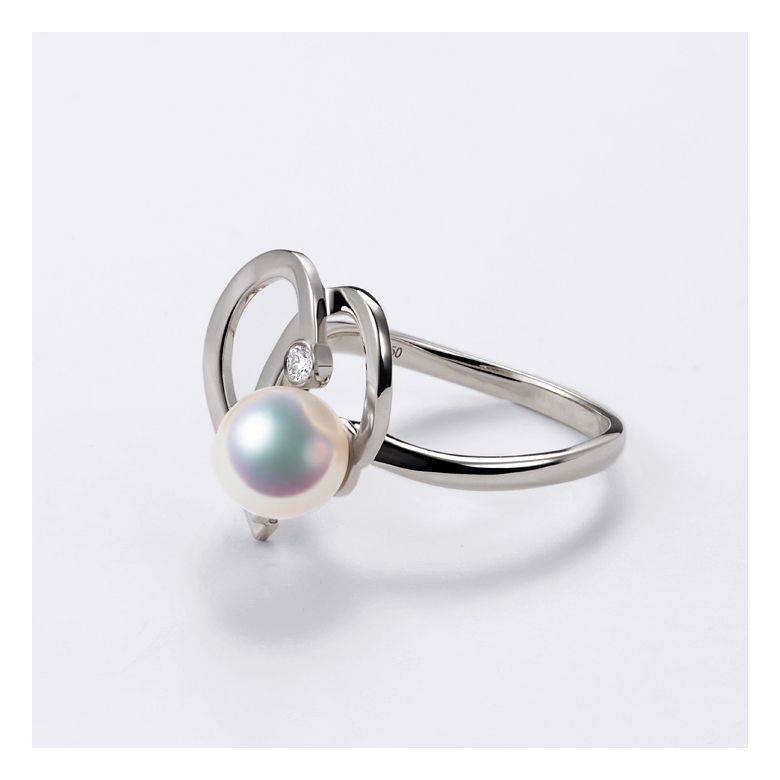 Bague double coeur stylisé Chiaky. Perle Akoya, Or blanc - 7