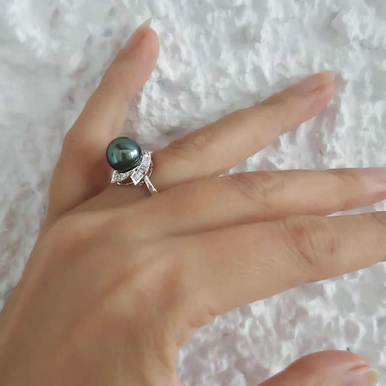 Bague Uracane - Perle de Tahiti - Or blanc, diamants princesses - 4