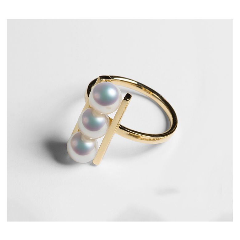 Bague 3 perles Akoya alignées et or jaune 18 carats - 8