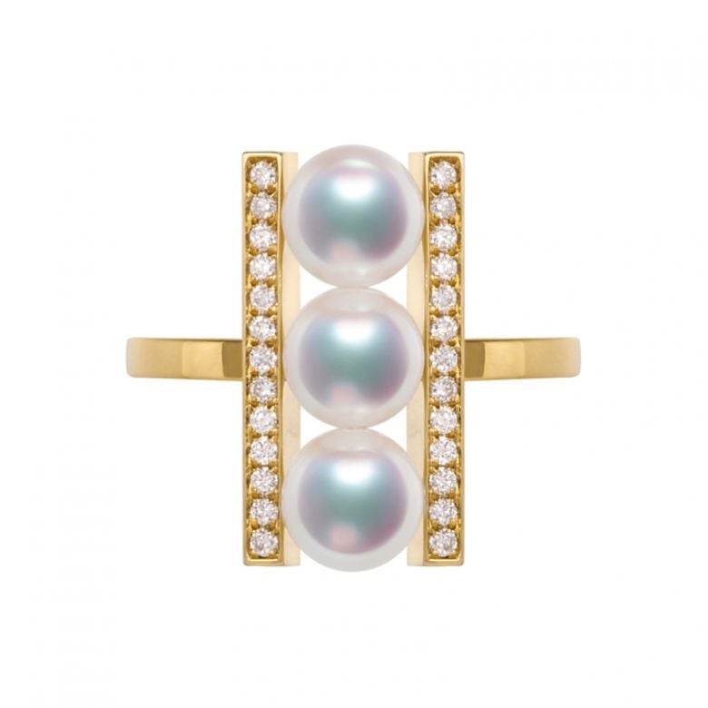Bague 3 perles Akoya. Monture rail. Or jaune, Diamants - 1
