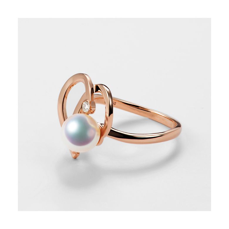 Bague double coeur stylisé Chiaky. Perle Akoya, Or rose - 7