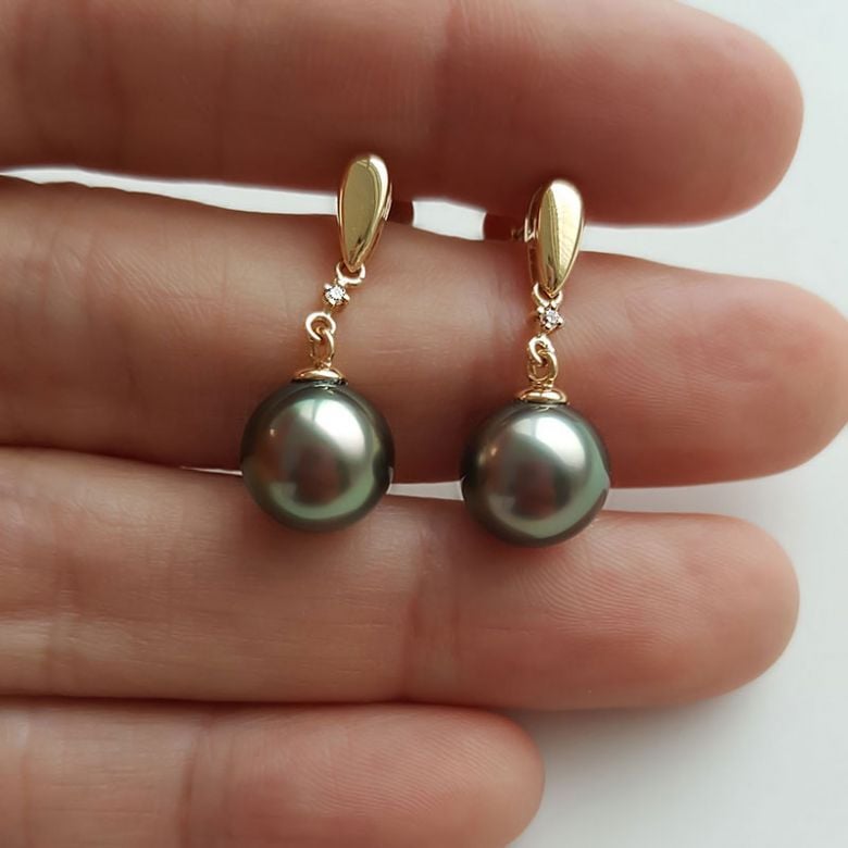 Boucles d'oreilles goutte - Joaillerie perles de Tahiti - Or jaune, Diamants - 5