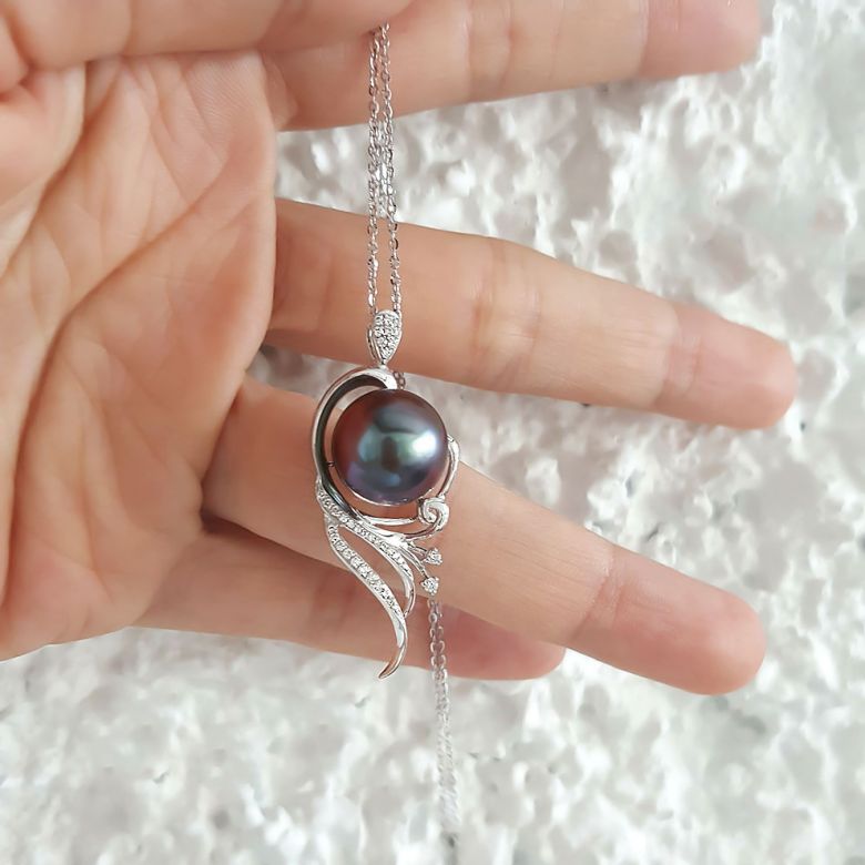 Pendentif phoenix - Perle de Tahiti noire - Or blanc, diamants - 2