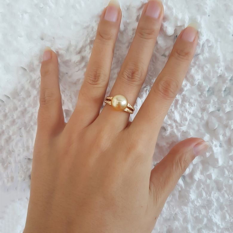 Bague des Australes - Perle d'Australie dorée - Or jaune, diamants - 4
