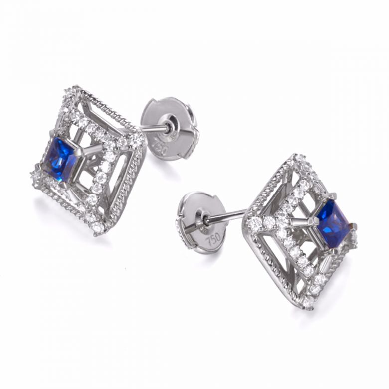 Boucle d Oreille carré de lumière - Or blanc, saphir, diamant - 4