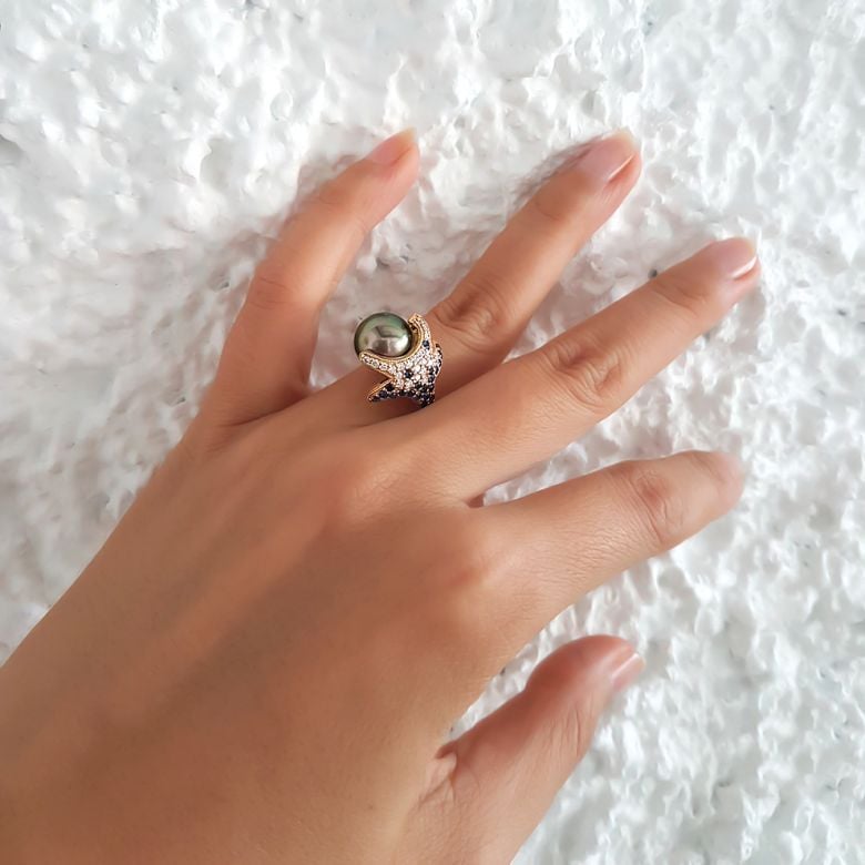 Bague étoile de mer - Perle de Tahiti - Or jaune, diamants, saphirs - 7