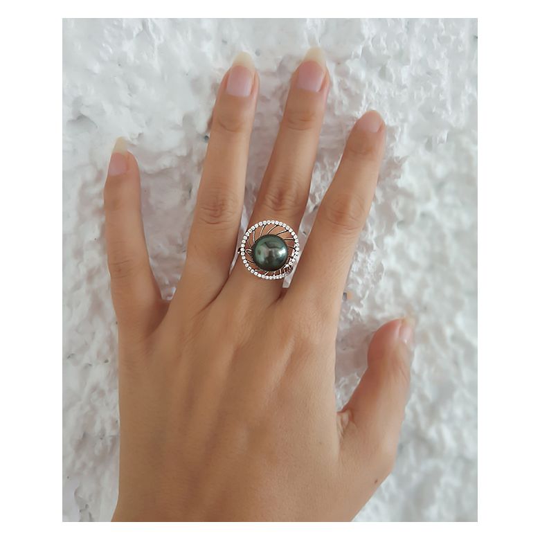 Bague or blanc de forme elliptique - Perle de Tahiti, diamants - 7