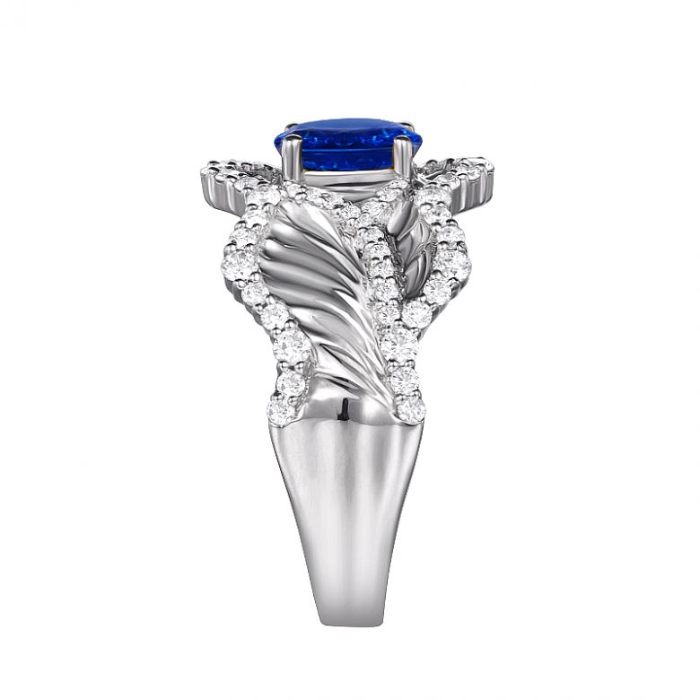 Bague floraison saphir ovale 1.10cts & diamants. Or blanc - 6