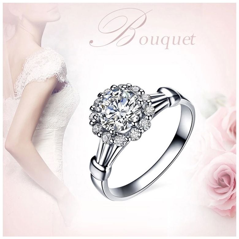 Bague de fiancailles solitaire accompagné, surplombé diamants - 0.43ct - 2