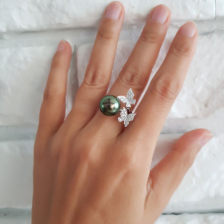 Bague papillons gracieux - Perle de Tahiti - Or blanc, diamants - 6