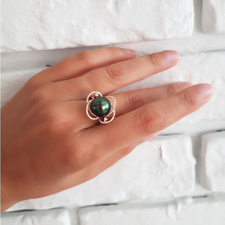 Bague fleur - Un matin de rosé - Perle de Tahiti, or jaune, diamants - 7