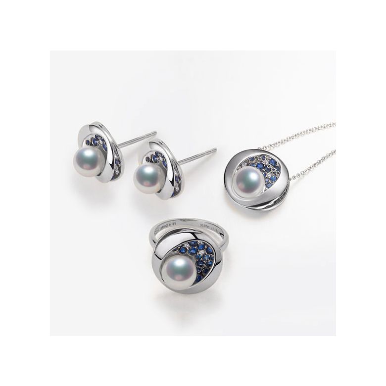 Pendentif, Bague et Boucles Seiza. Perles Akoya, Or blanc, diamants.  - 2