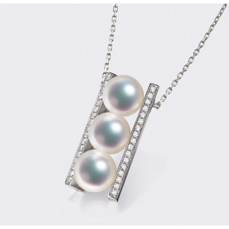 Pendentif 3 perles Akoya. Barettes or blanc sertis diamants. Otohiko - 9