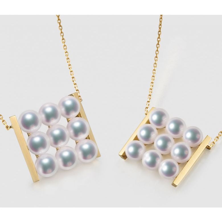 Pendentif 9 perles Akoya. Rails or jaune. Perles damier. Tezuka - 4