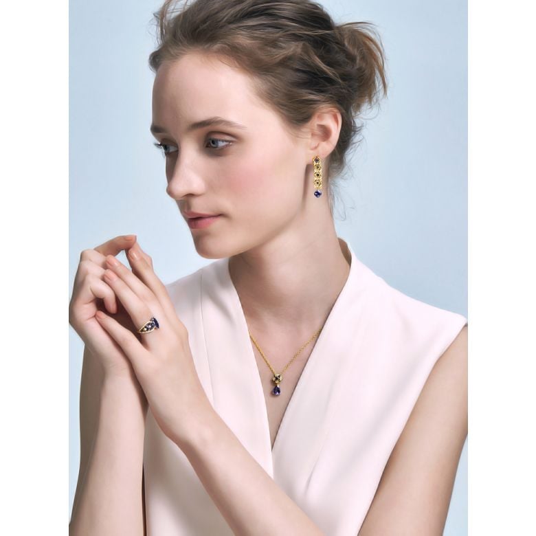 Boucle d oreille Saphir bleu, diamant - Or jaune - 7