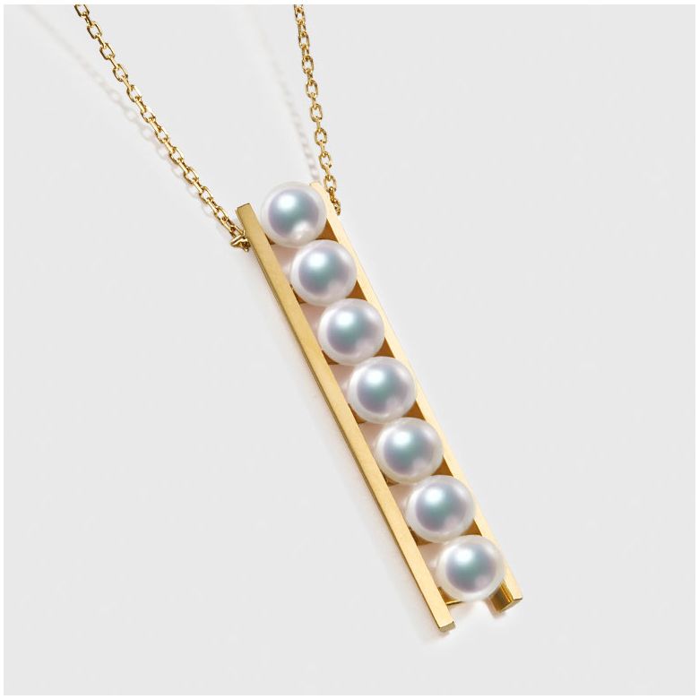 Pendentif 9 perles Akoya et or jaune. Disposition rail. Tsukushi - 7