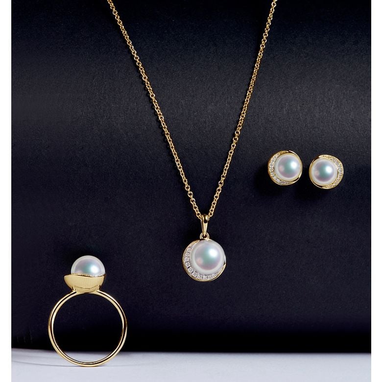 Pendentif couronne Or jaune Diamants. Perle Akoya - 5