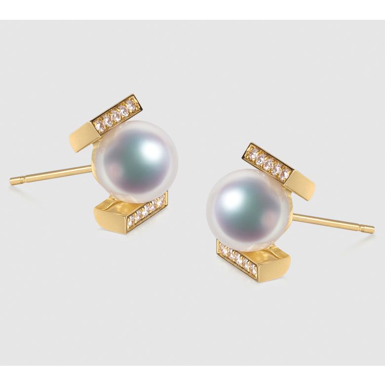 Boucles oreilles modernes forme rail. Or jaune, Diamants et Perles Akoya - 5