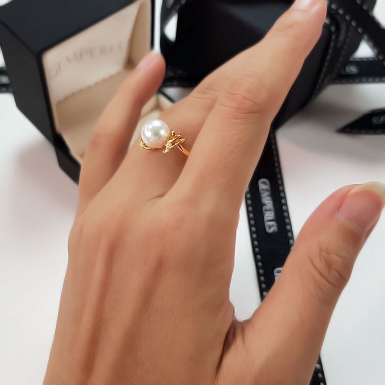 Bague fleur - Or jaune, Diamants - Perle de culture, Eau douce - 9