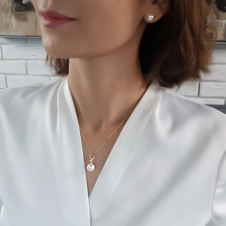 Pendentif nombre 9 - Or jaune et perle de culture - Diamant serti - 4
