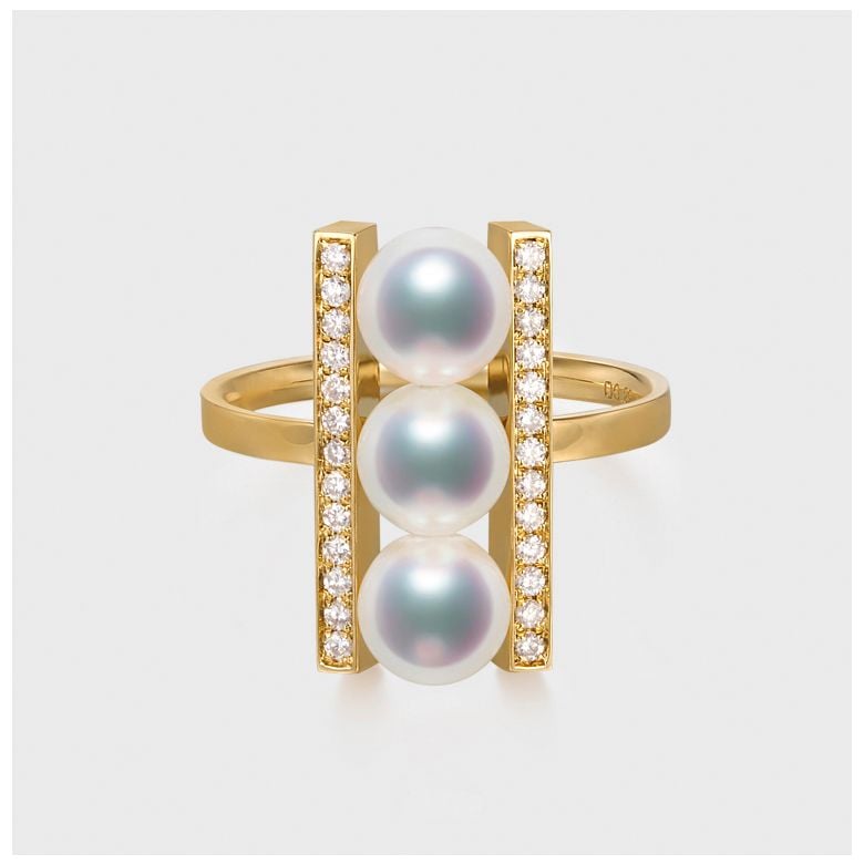 Bague 3 perles Akoya. Monture rail. Or jaune, Diamants - 2