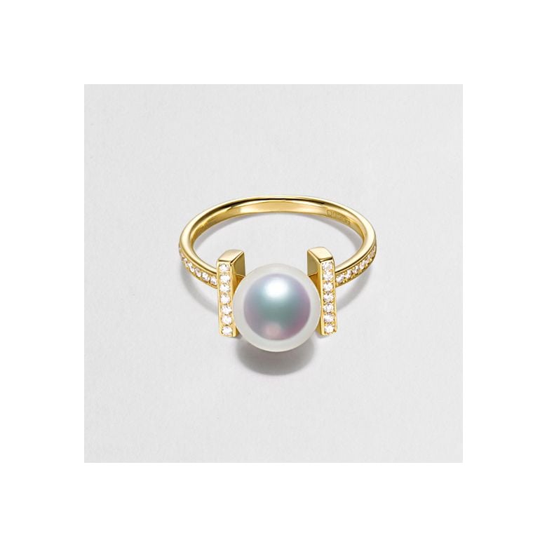 Bague monture rail. Or jaune, Diamants sertis et Perle Akoya - 5