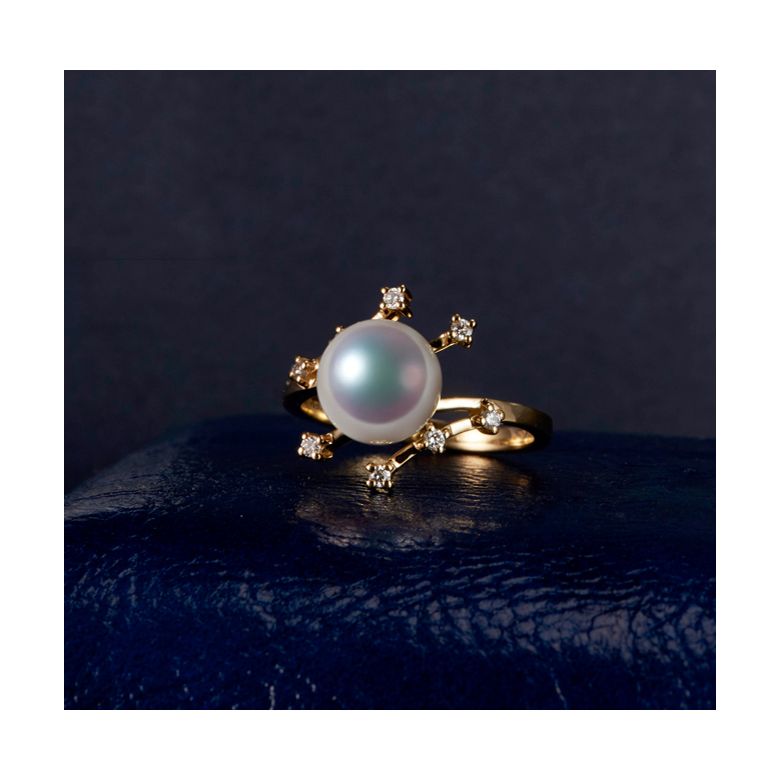Bague Étoile des neiges. Perle Akoya, Or jaune, diamants - 5