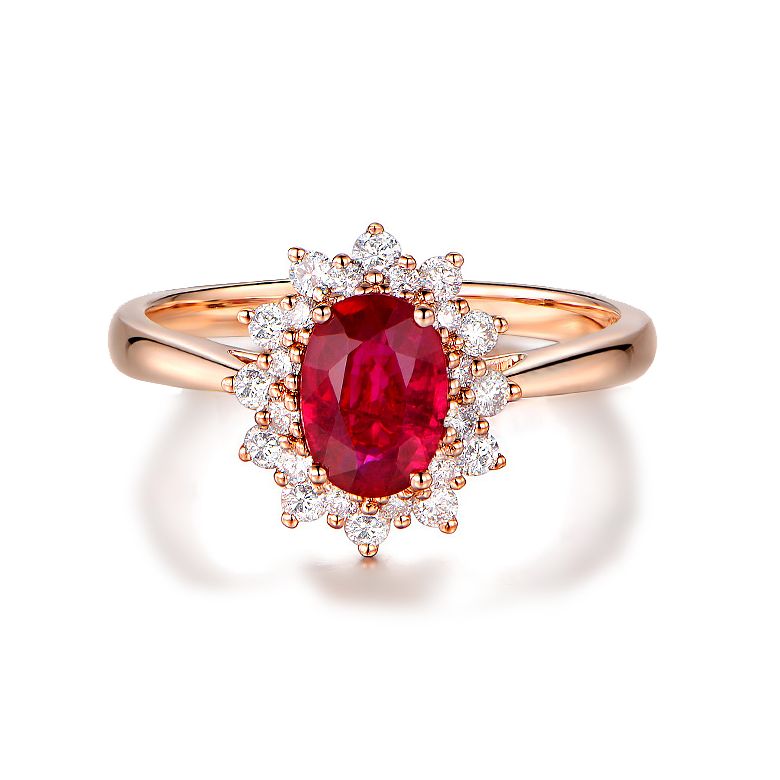 Bague rubis, diamants monture or rose - Création florale classique - 6