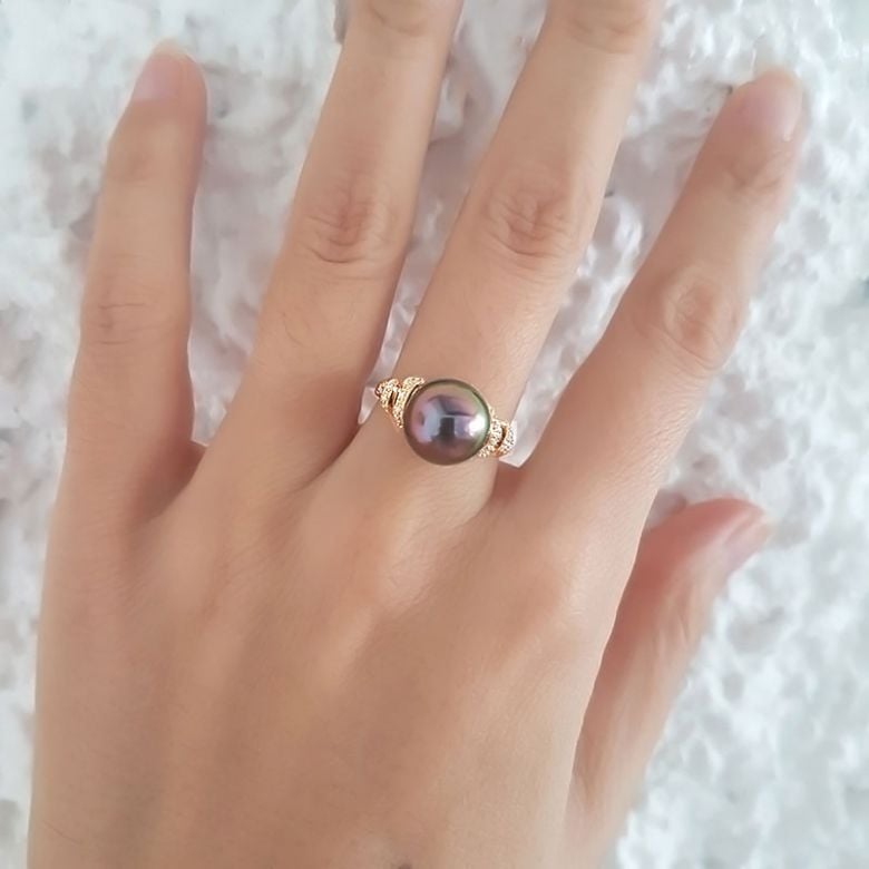 Bague or jaune stylée 2 époques - Perle Tahiti émeraude rosée, Diamants - 8