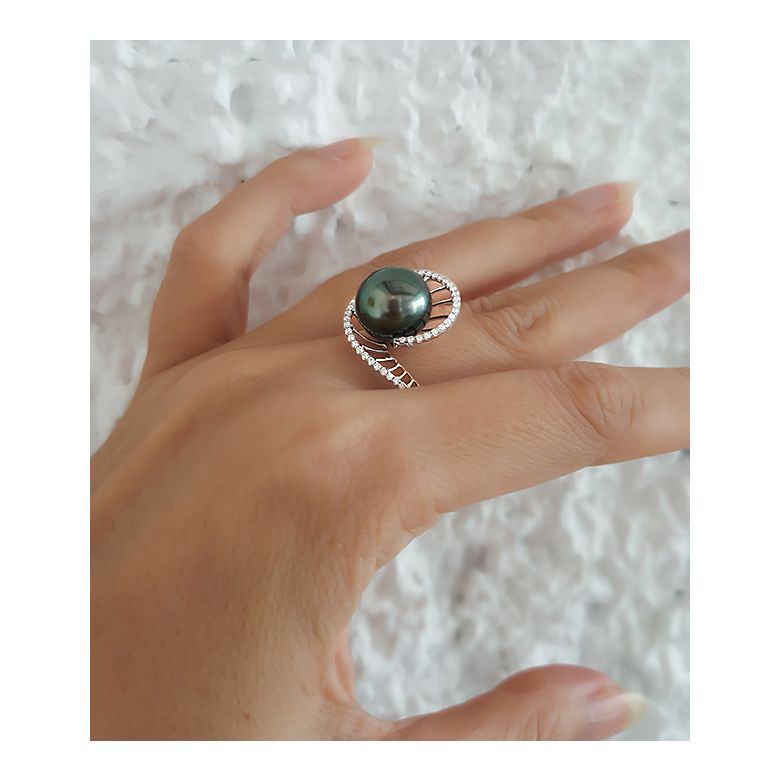 Bague or blanc de forme elliptique - Perle de Tahiti, diamants - 8