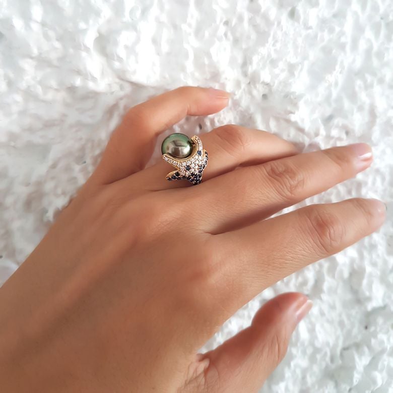 Bague étoile de mer - Perle de Tahiti - Or jaune, diamants, saphirs - 8