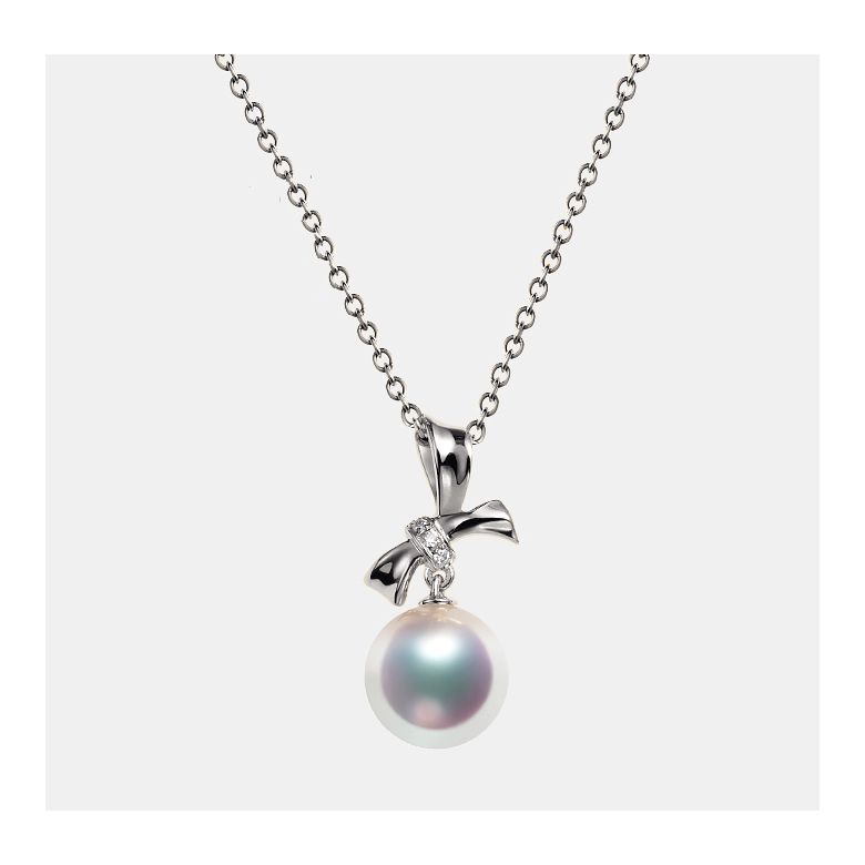 Pendentif Noeud avec ganse. Perle Akoya, Or blanc, Diamants - 4