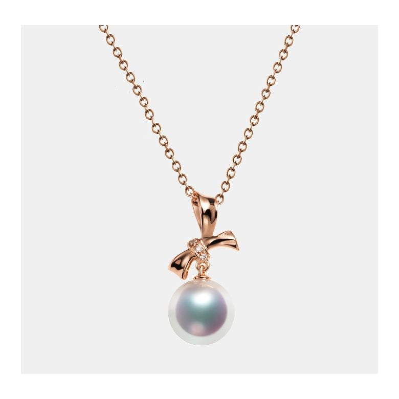 Pendentif Noeud avec ganse. Perle Akoya, Or rose, Diamants - 4
