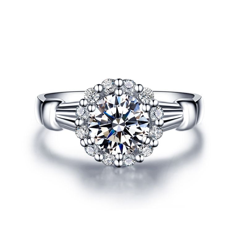 Bague de fiancailles solitaire accompagné, surplombé diamants - 0.43ct - 3