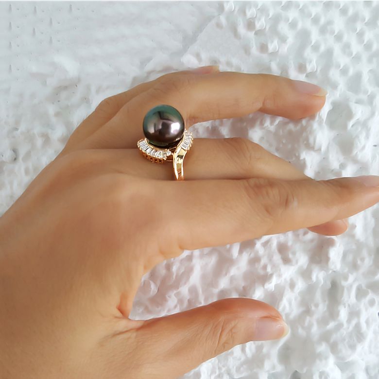 Bague couronne diamantée - Perle de Tahiti, or jaune - 5