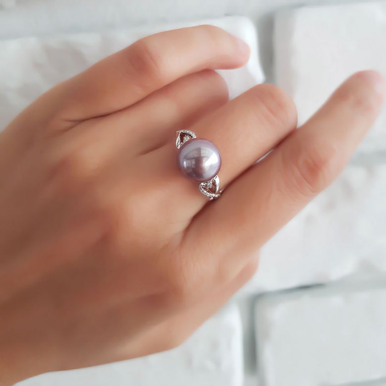 Bague coeur de perle diamanté - Or blanc et Perle d'eau douce lavande - 2