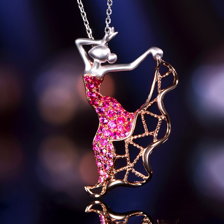 Pendentif Flamenco - Pendentif danseuse de flamenco - Or blanc & rose , Rubis - 4
