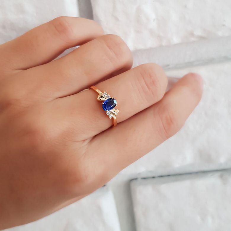 Bague saphir solitaire - Or jaune 18 carats - Sertissage diamants - 5
