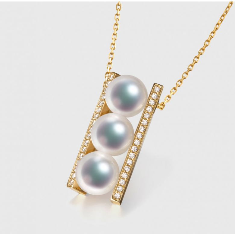 Pendentif 3 perles Akoya. Barettes or jaune sertis diamants. Otohiko - 4