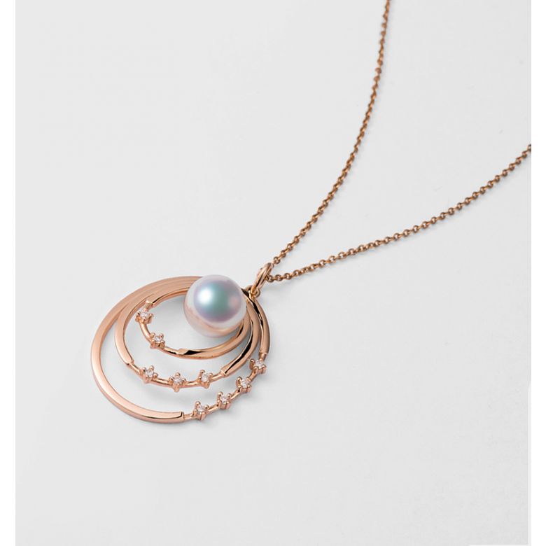 Pendentif perle Akoya Or rose et diamants. Triple cercle - 4