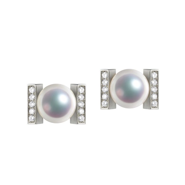 Boucles oreilles modernes forme rail. Or blanc, Diamants et Perles Akoya - 1